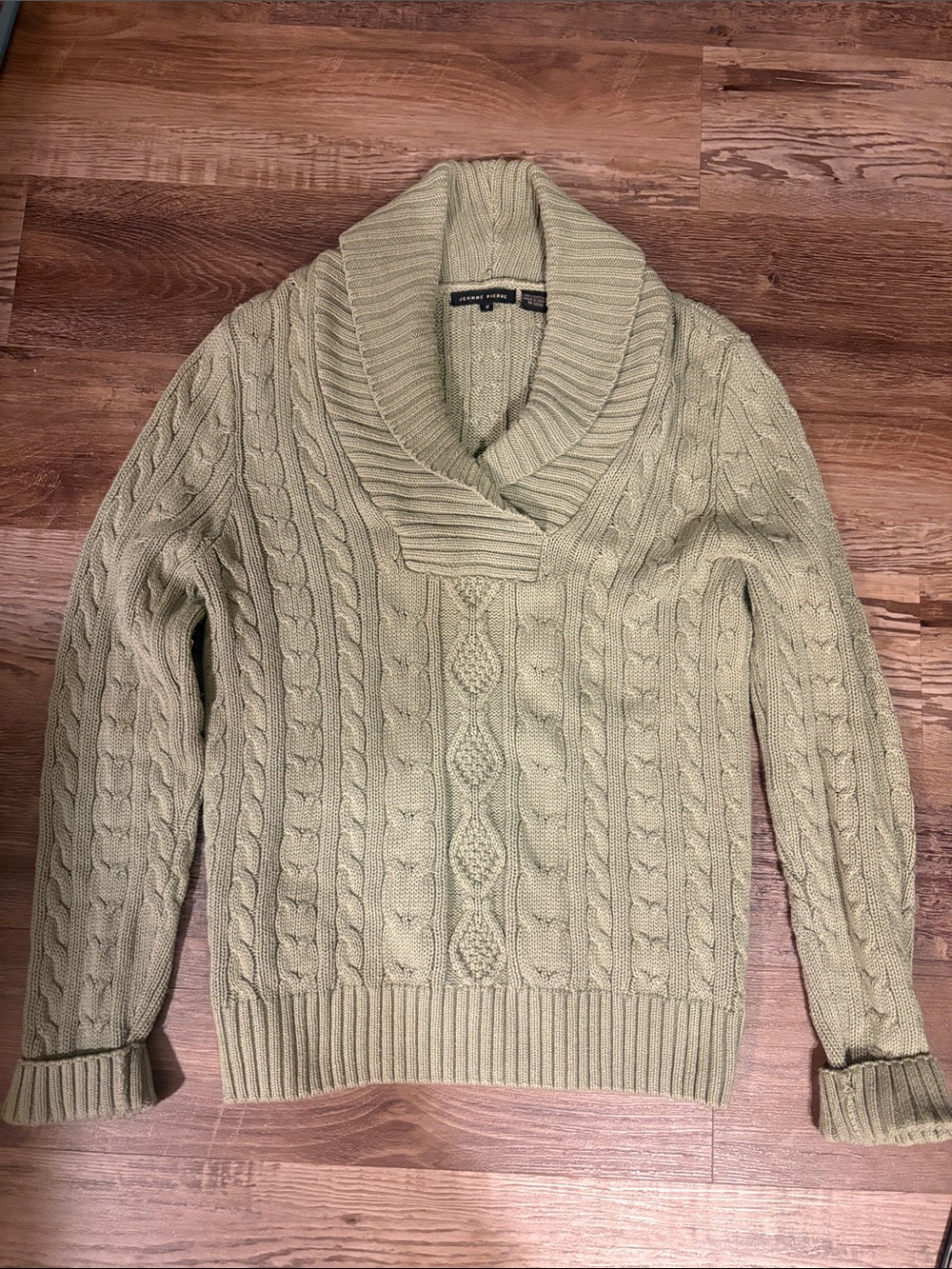 JEANNE PIERRE Olive Green Cable Knit Shawl Collar Sweater